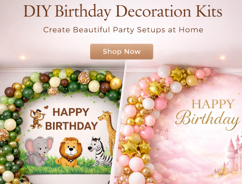 Two DIY birthday decoration kits with balloons and 'Happy Birthday' text on a wooden surface.