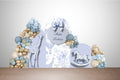 Blue Safari baby boy birthday decoration kit with navy, sage, and gold safari animal wall banner